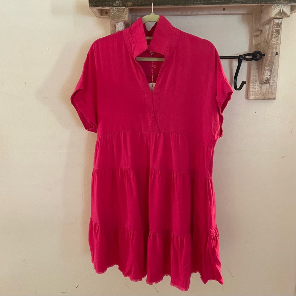 Umgee NWT pink linen cotton blend tiered short sleeve raw hem dress